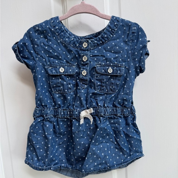 Cat & Jack 2T Girls Blue & White Polka Dot Button Down Short Sleeve Shirt Blouse - Picture 1 of 6